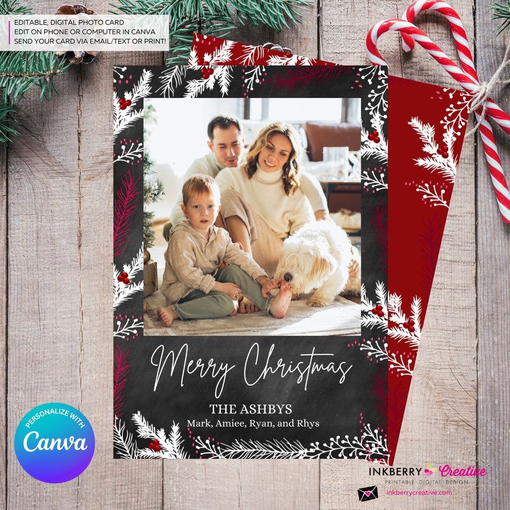 Chalkboard Winter Berry Branches Christmas Photo Card, Family Holiday Photo Card, Custom Colors, Email Christmas Card, Editable in Canva