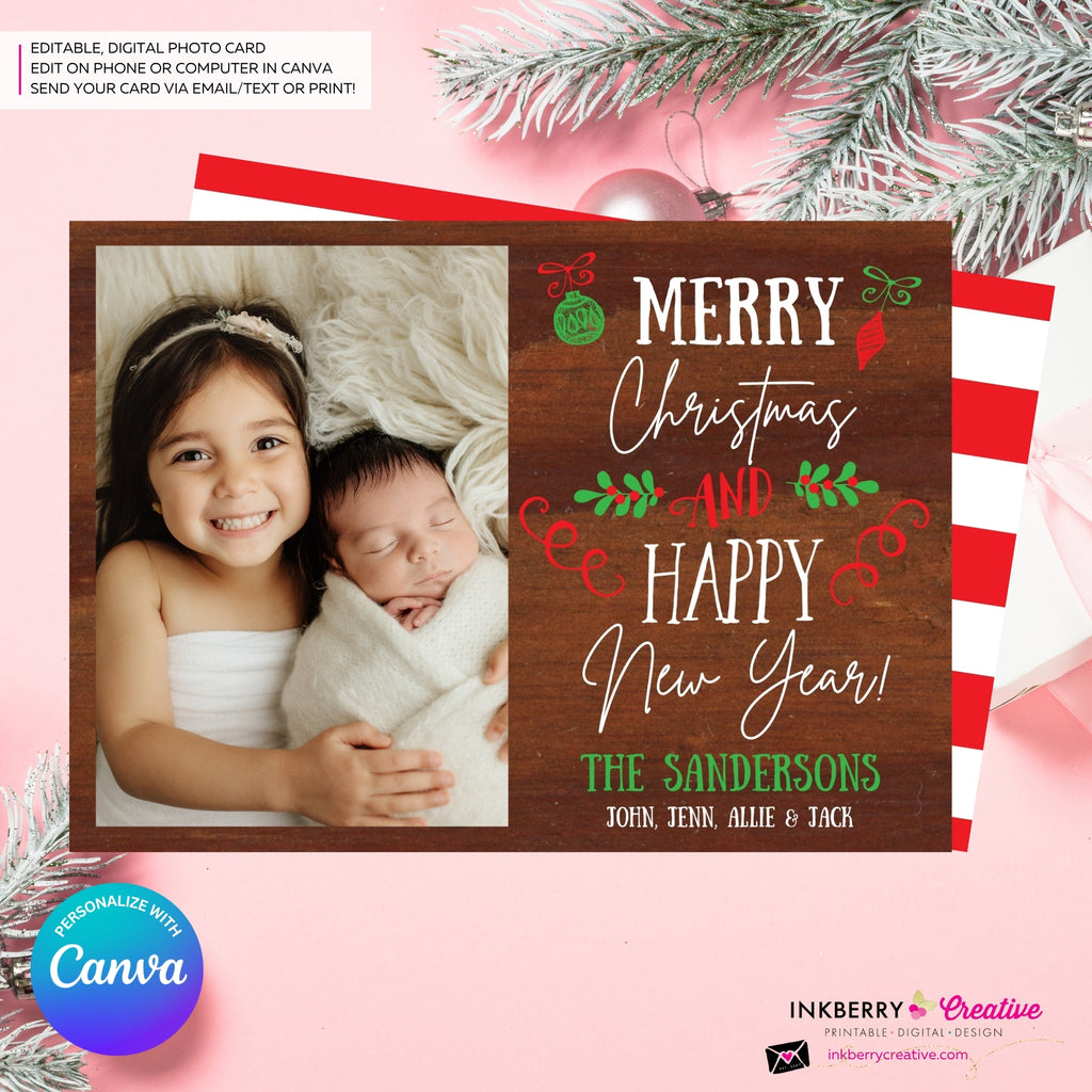 Woodgrain Ornament Doodles Christmas Photo Card, Family Holiday Photo Card, Custom Colors, Email Christmas Card, Editable in Canva