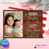 Woodgrain Ornament Doodles Christmas Photo Card, Family Holiday Photo Card, Custom Colors, Email Christmas Card, Editable in Canva
