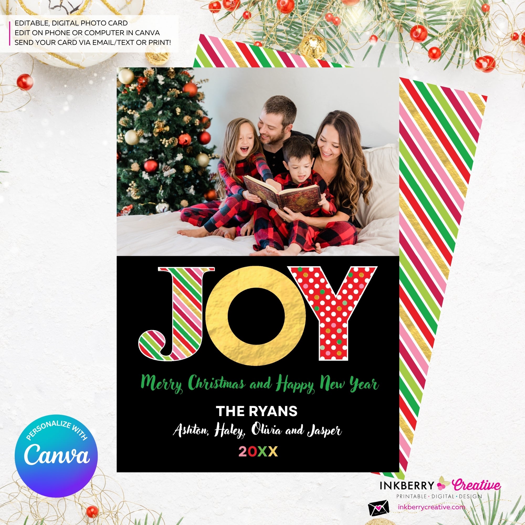 Big Joy Gold and Patterns Christmas Photo Card, Family Holiday Photo Card, Custom Colors, Email Christmas Card, Editable in Canva