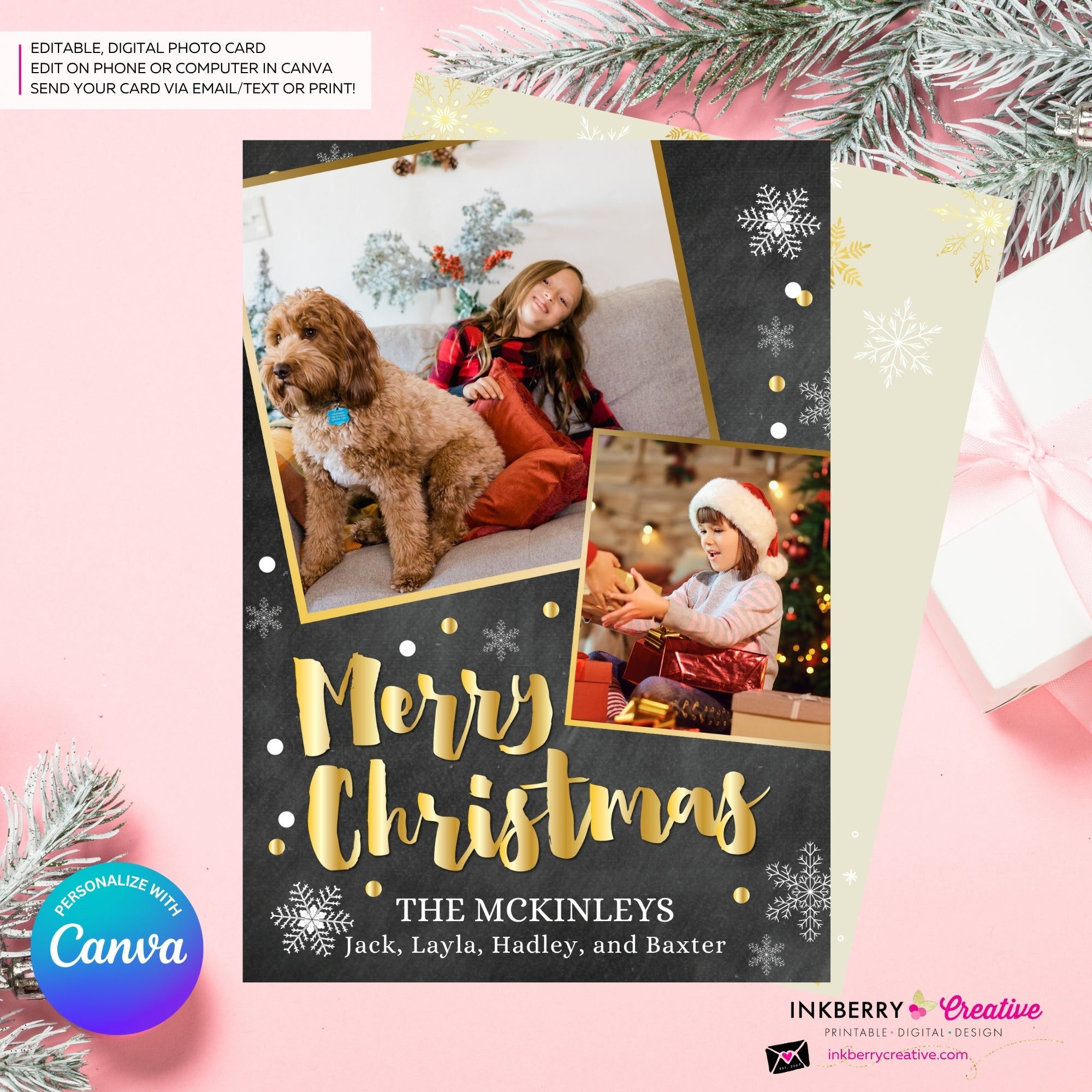 Chalkboard Silver and Gold Snow Merry Christmas Photo Card - Edit in Canva