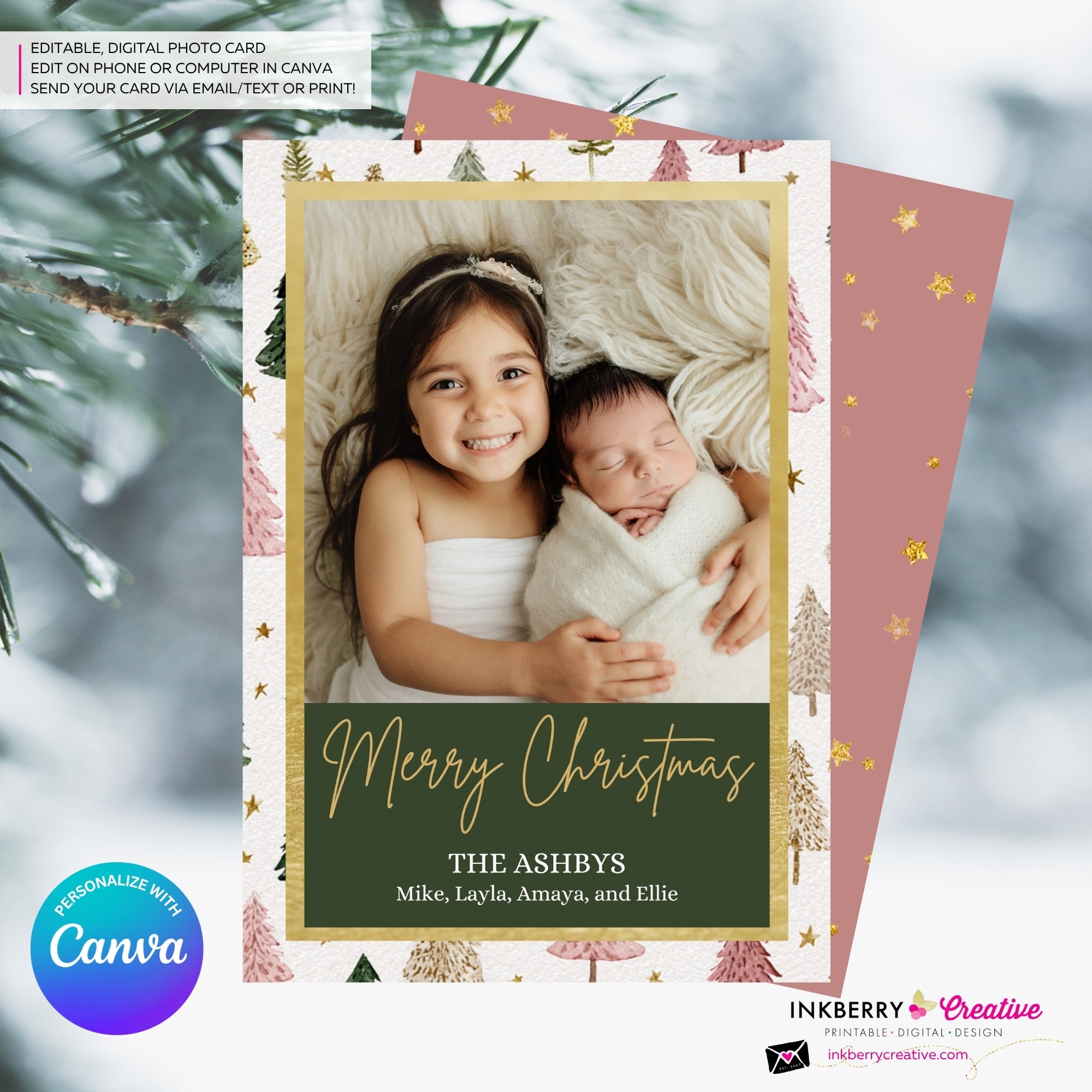 Boho Painted Trees & Stars Christmas Photo Card, Family Holiday Photo Card, Custom Colors, Email Christmas Card, Editable in Canva