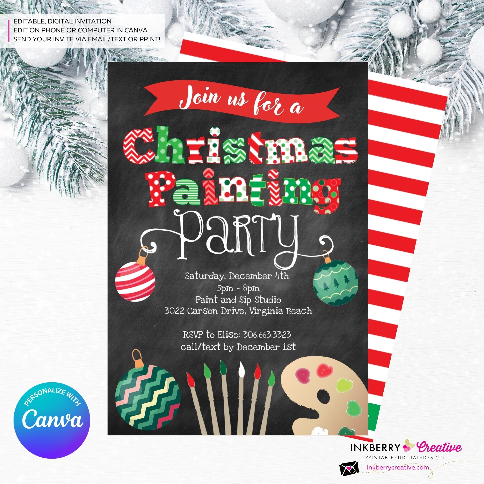 Christmas Painting Party Invitation - Chalkboard - Editable in Canva