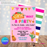 Taco Bout a Party Invitation (PINK) Mexican Fiesta, Canva Template (Digital Printable File)