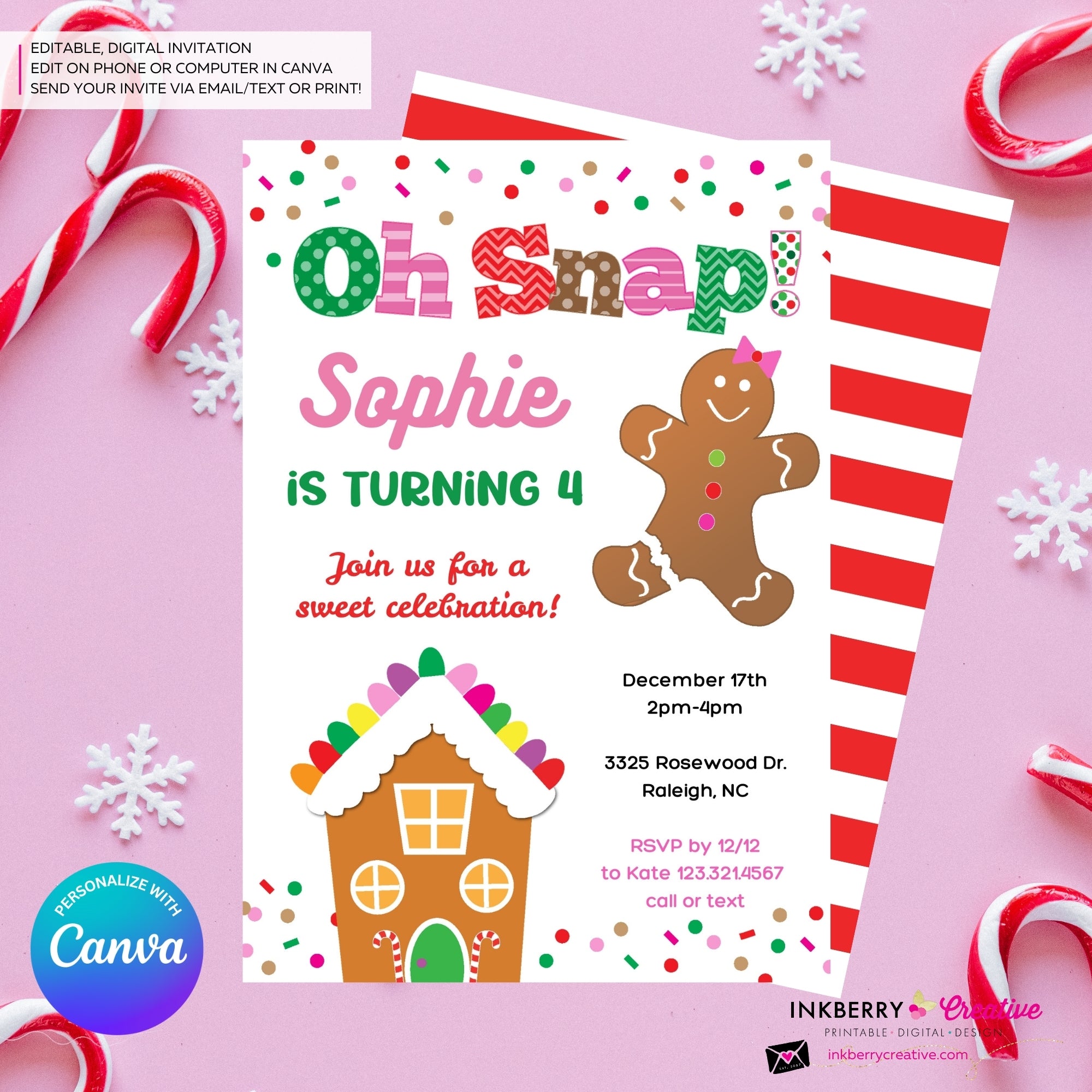 Gingerbread Birthday Party Invitation, Oh Snap Girls Gingerbread House Christmas Birthday Party - Printable, Instant Download, Edit in Canva