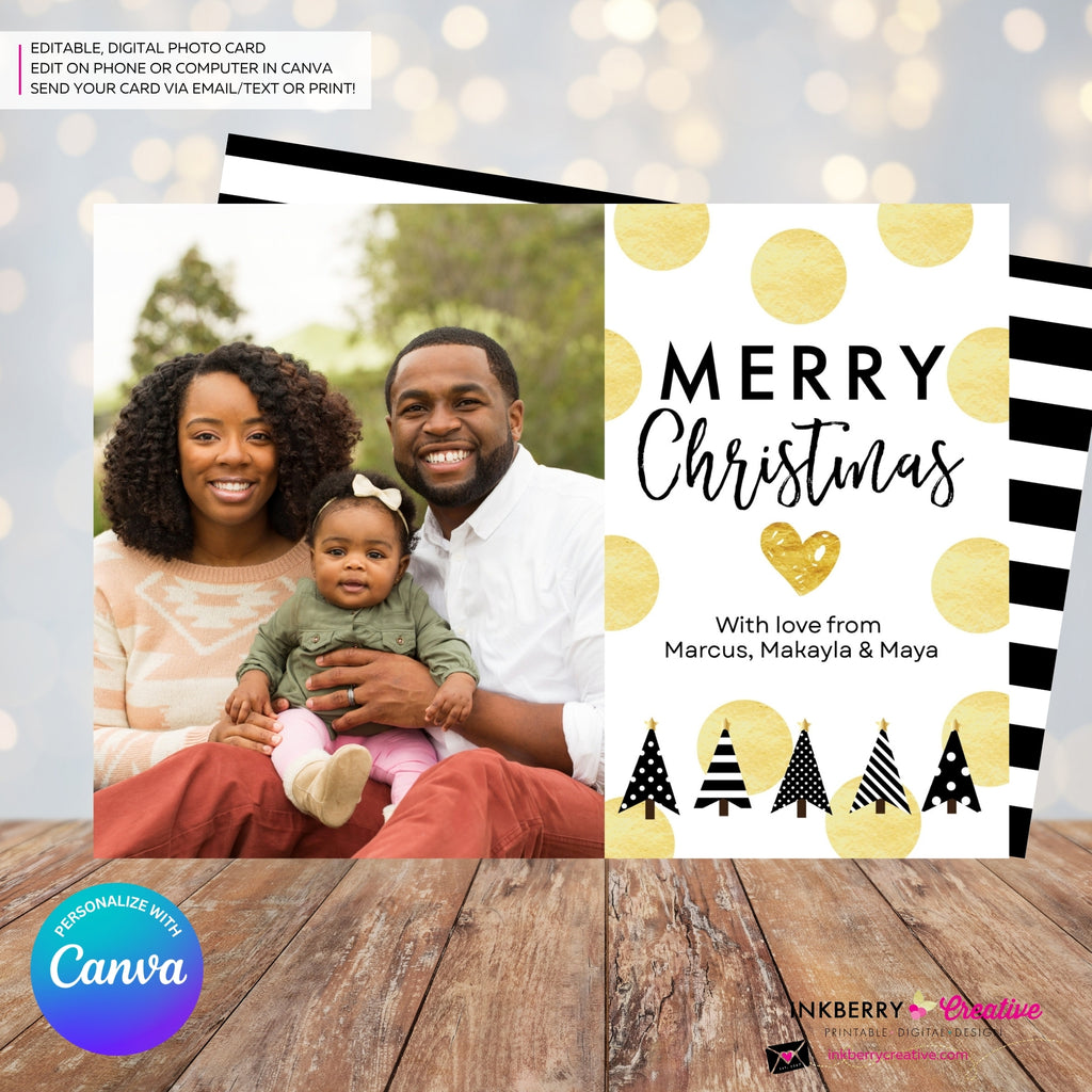 Gold Polka Dot Modern Trees - Black White Gold Patterns - Christmas Photo Card - Edit in Canva