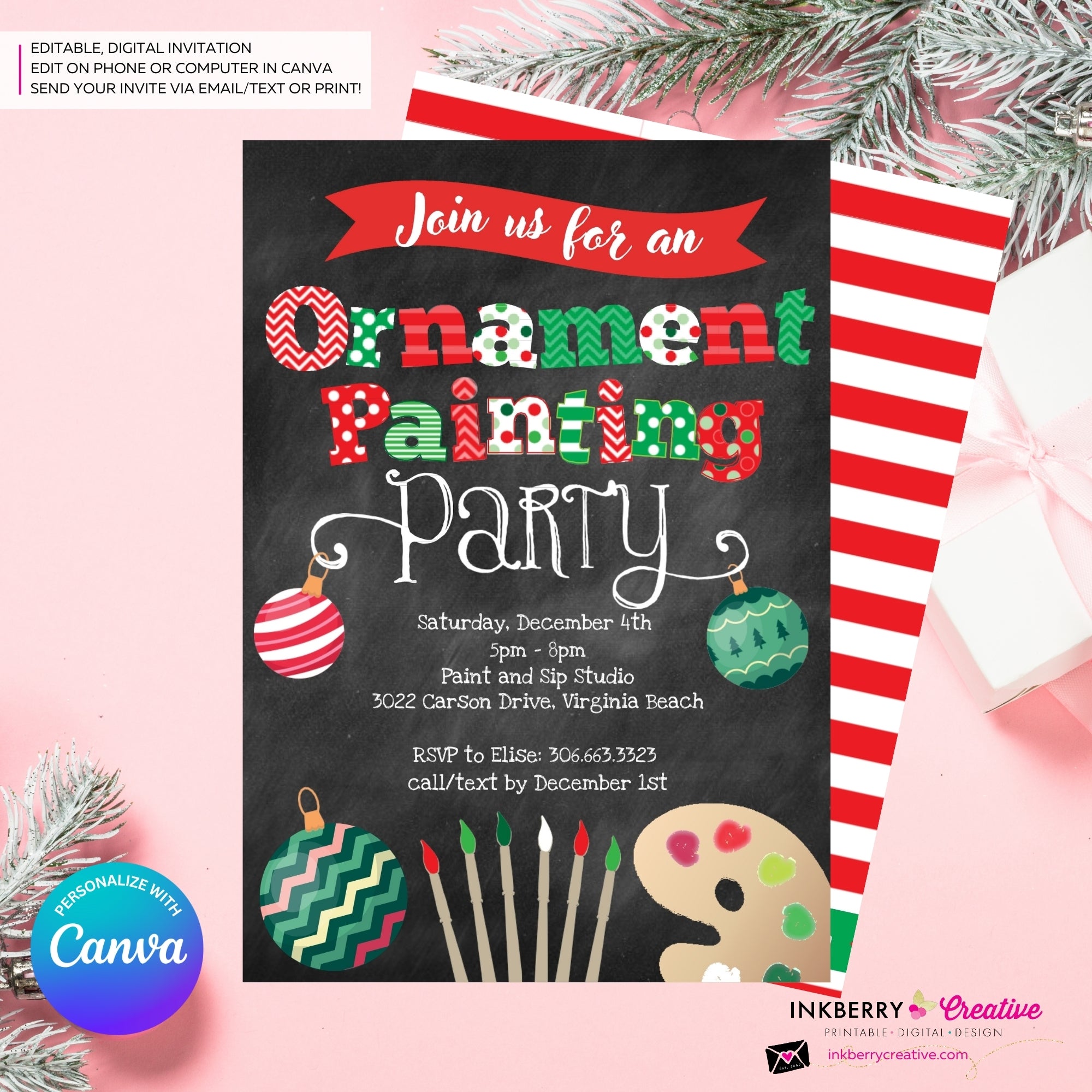 Christmas Ornament Painting Party Invitation - Chalkboard - Editable in Canva