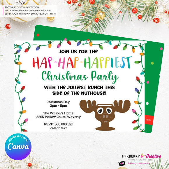 Hap Hap Happiest Christmas Party, Christmas Vacation Theme, Cousin Eddie Moose Cup Party Invitation - Editable in Canva