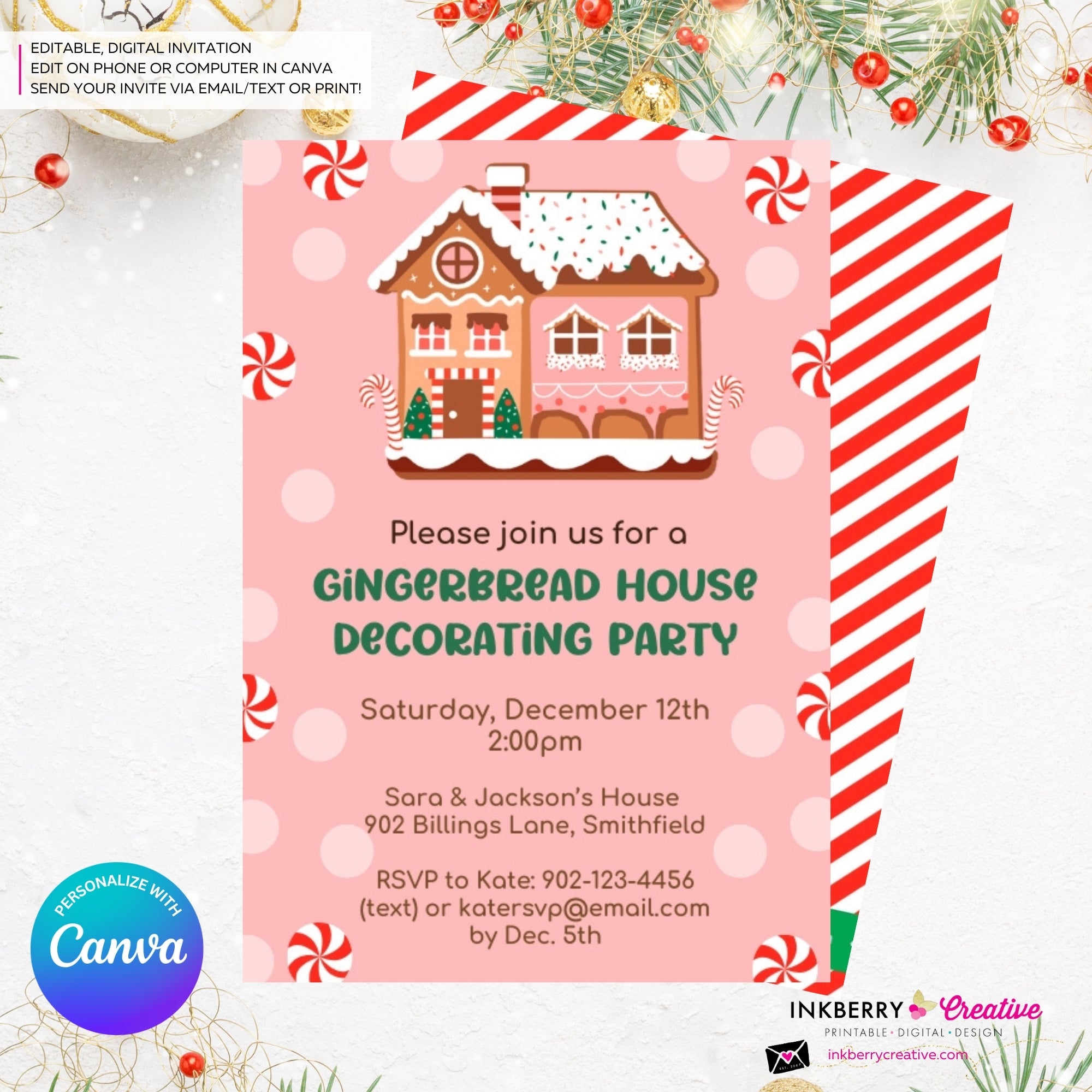 Gingerbread House Decorating Peppermints & Sprinkles Party Invitation - Editable in Canva