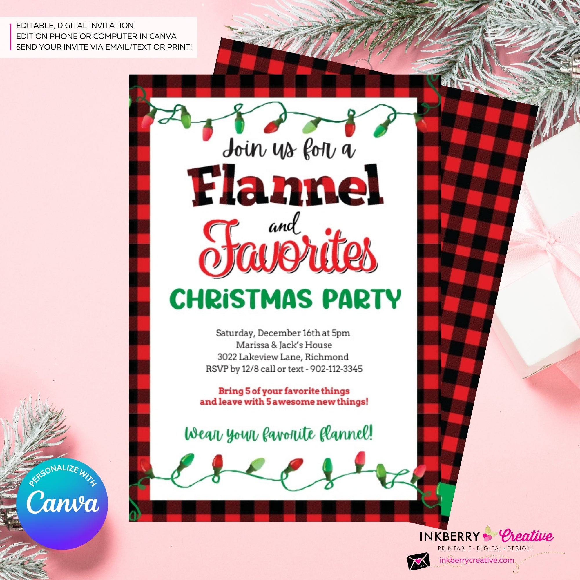 Christmas Flannel and Favorites Party Invitation - Editable in Canva