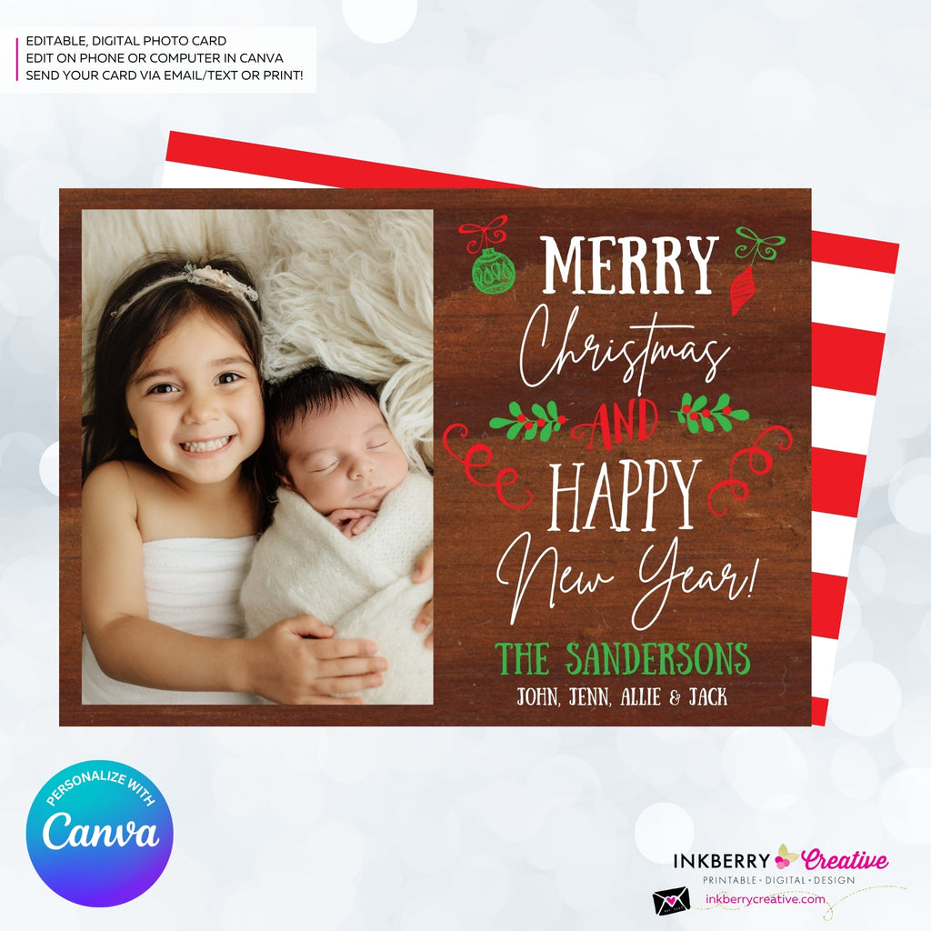 Woodgrain Ornament Doodles Christmas Photo Card, Family Holiday Photo Card, Custom Colors, Email Christmas Card, Editable in Canva
