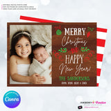 Woodgrain Ornament Doodles Christmas Photo Card, Family Holiday Photo Card, Custom Colors, Email Christmas Card, Editable in Canva