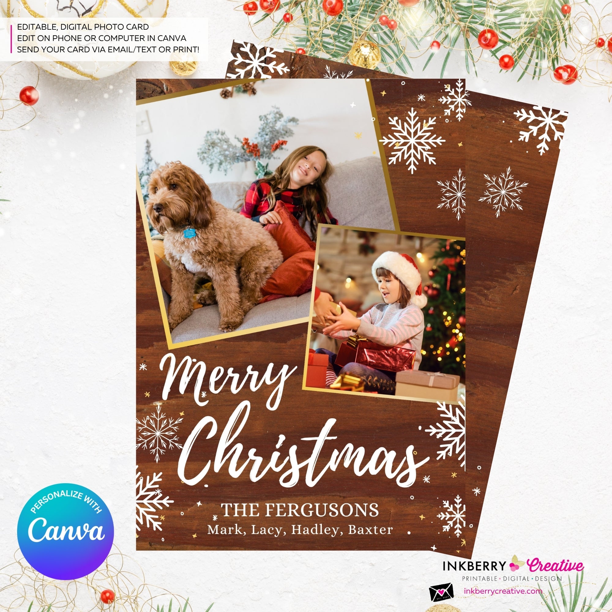 Woodgrain Gold and Snowflakes Christmas Photo Card, Family Holiday Photo Card, Custom Colors, Email Christmas Card, Editable in Canva