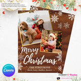 Woodgrain Gold and Snowflakes Christmas Photo Card, Family Holiday Photo Card, Custom Colors, Email Christmas Card, Editable in Canva