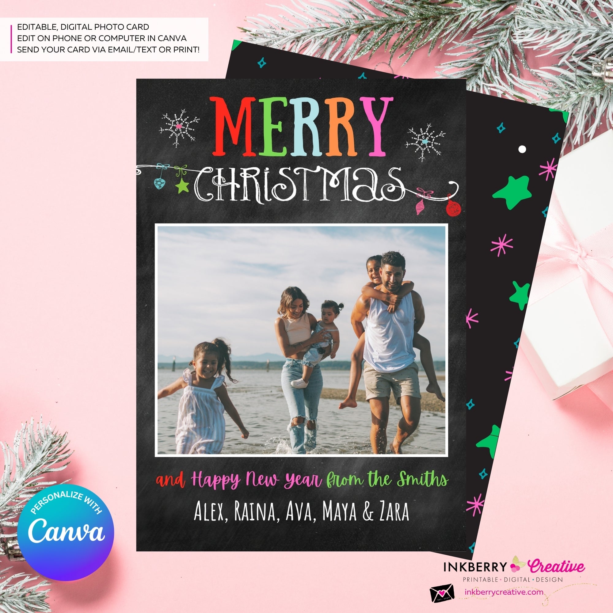 Chalkboard Ornaments Merry Christmas Photo Card, Family Holiday Photo Card, Email Christmas Card, Editable in Canva