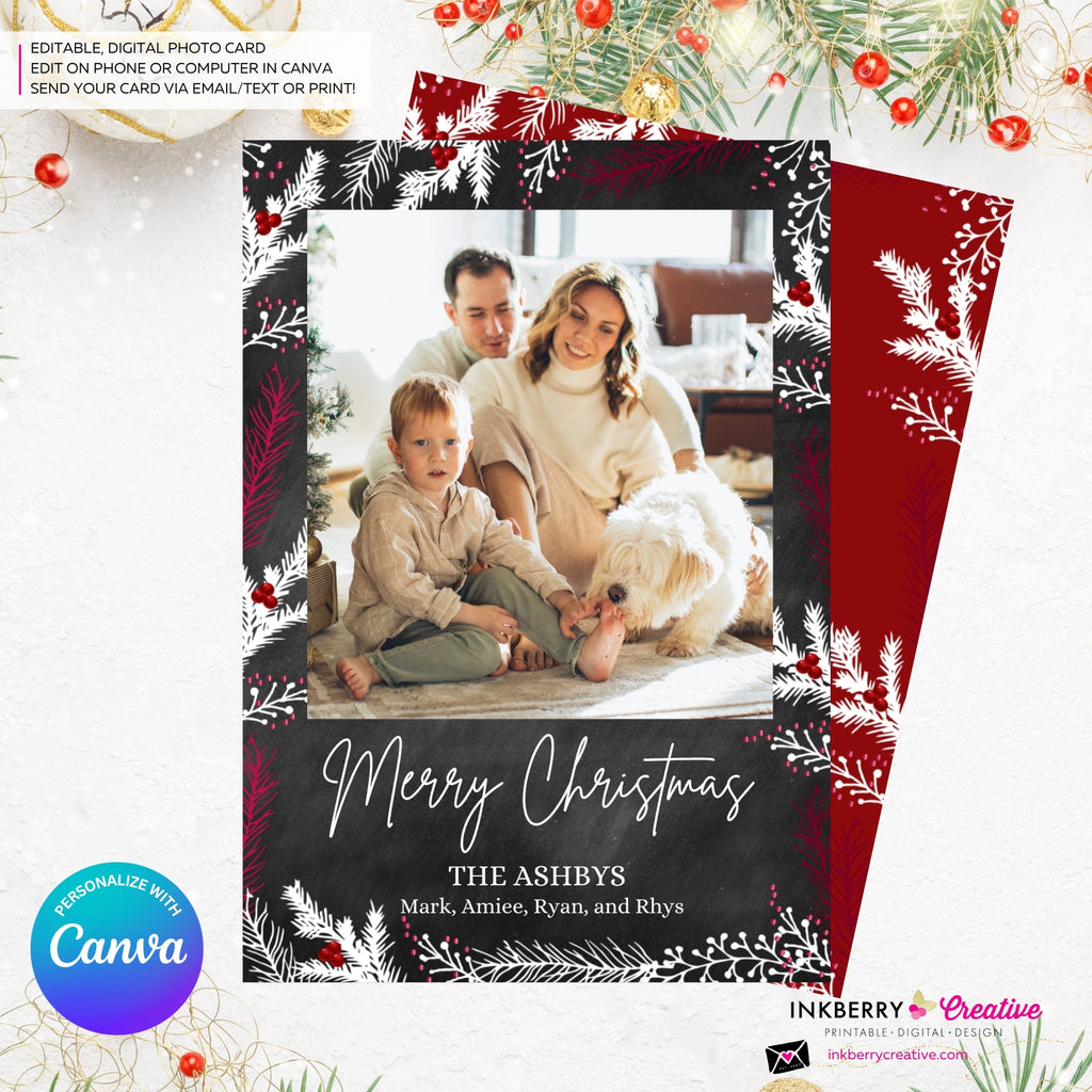 Chalkboard Winter Berry Branches Christmas Photo Card, Family Holiday Photo Card, Custom Colors, Email Christmas Card, Editable in Canva