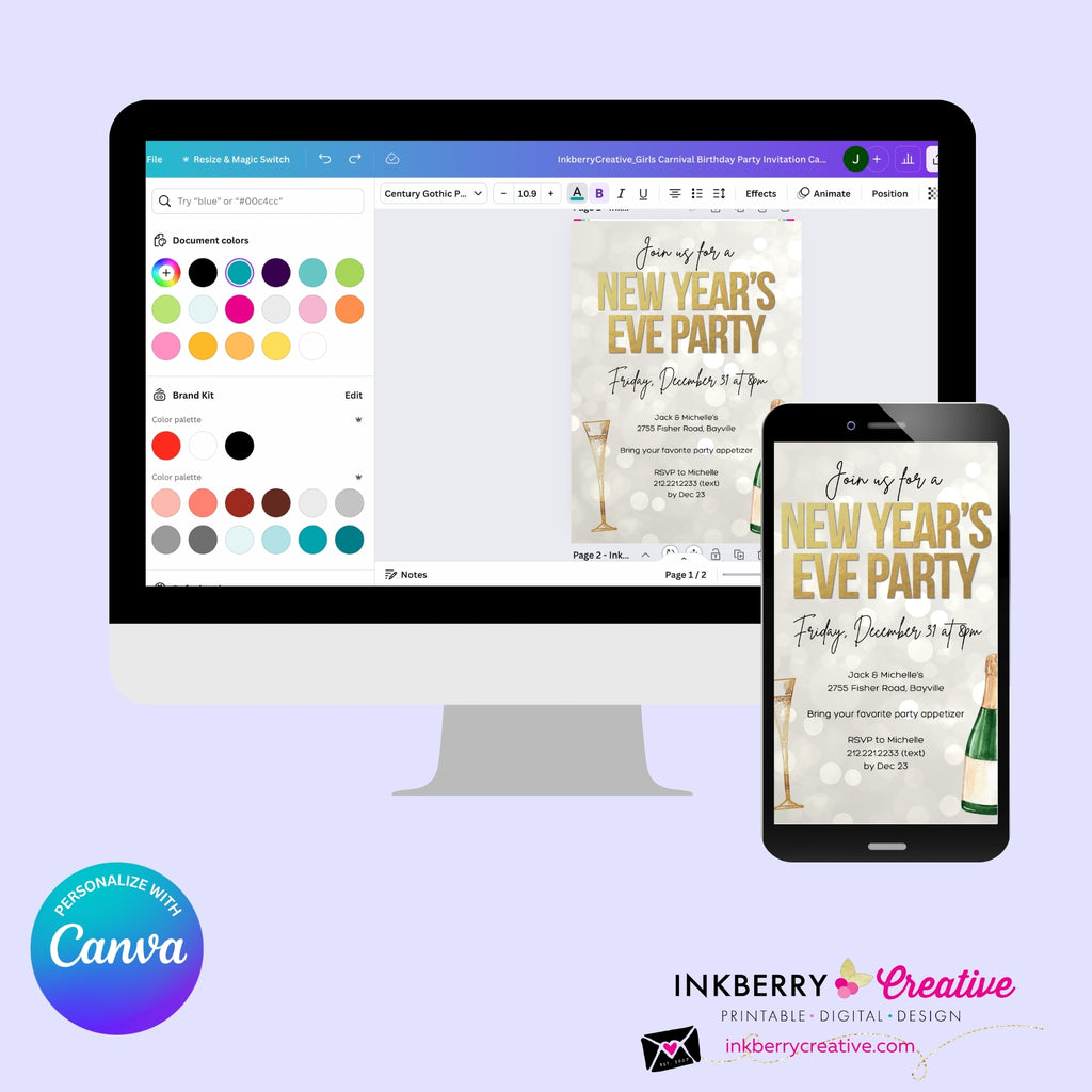 New Year's Eve Gold Champagne Party Invitation - Editable in Canva