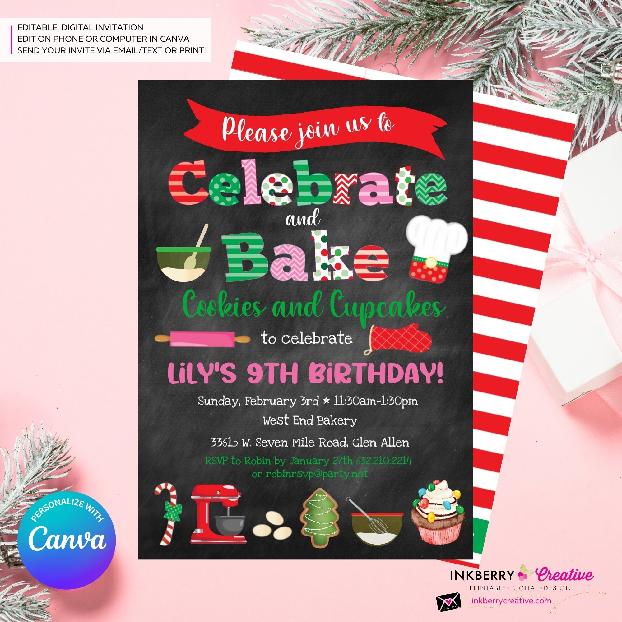 Celebrate & Bake - Chalkboard - Christmas Baking Party Invitation - Edit in Canva