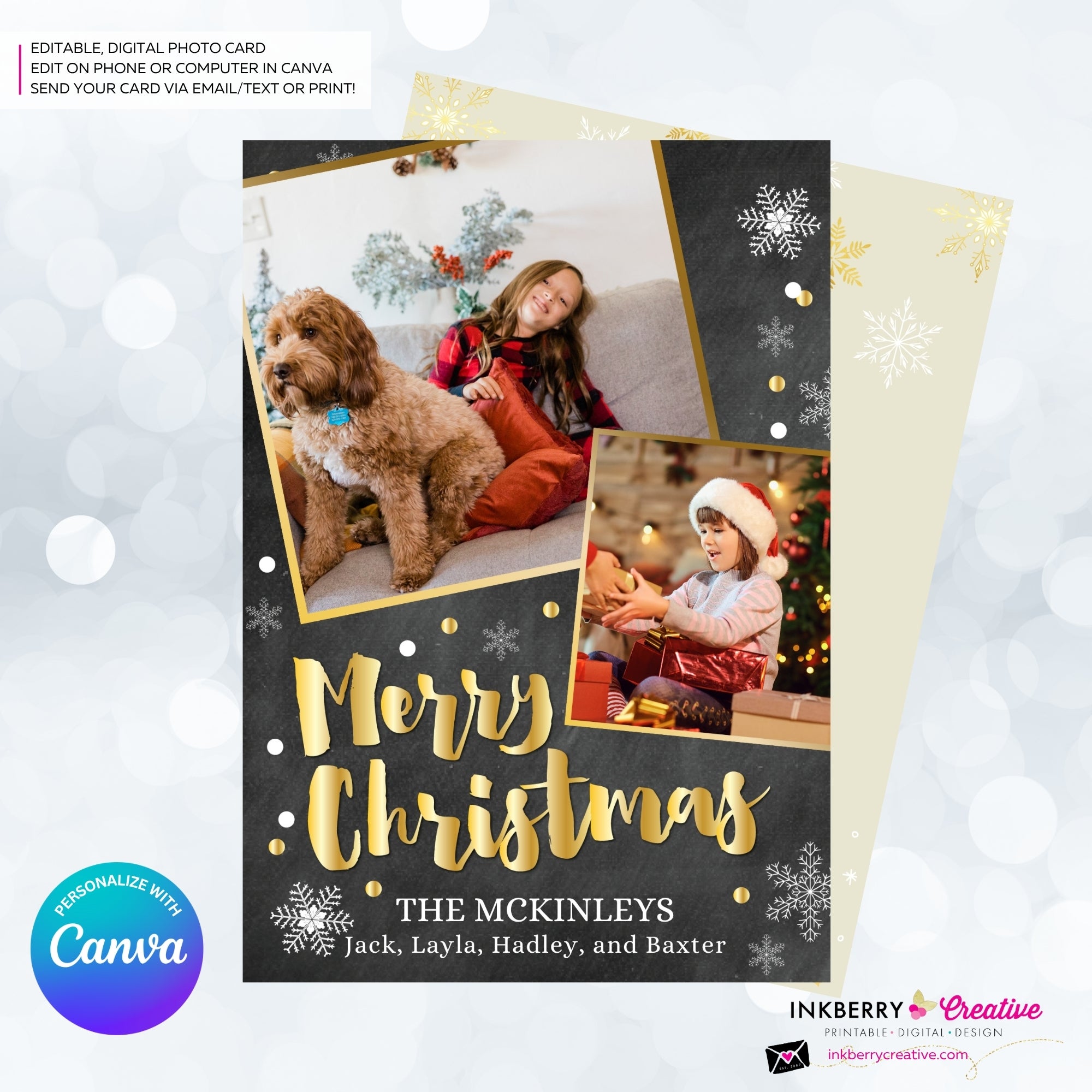 Chalkboard Silver and Gold Snow Merry Christmas Photo Card - Edit in Canva