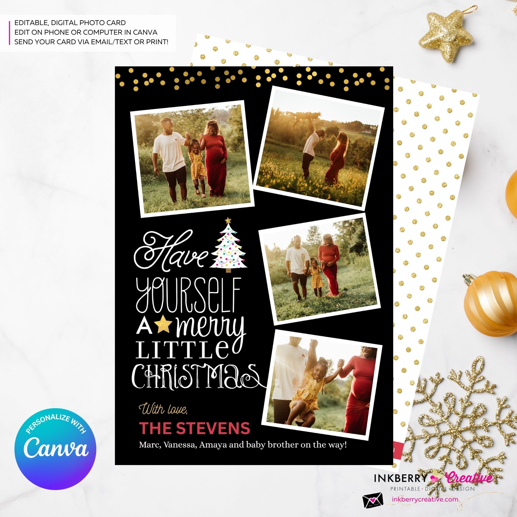 Merry Little Christmas Snapshots 4 Photo Christmas Card, Family Holiday Photo Card, Multi-photo, Email Christmas Card, Editable in Canva