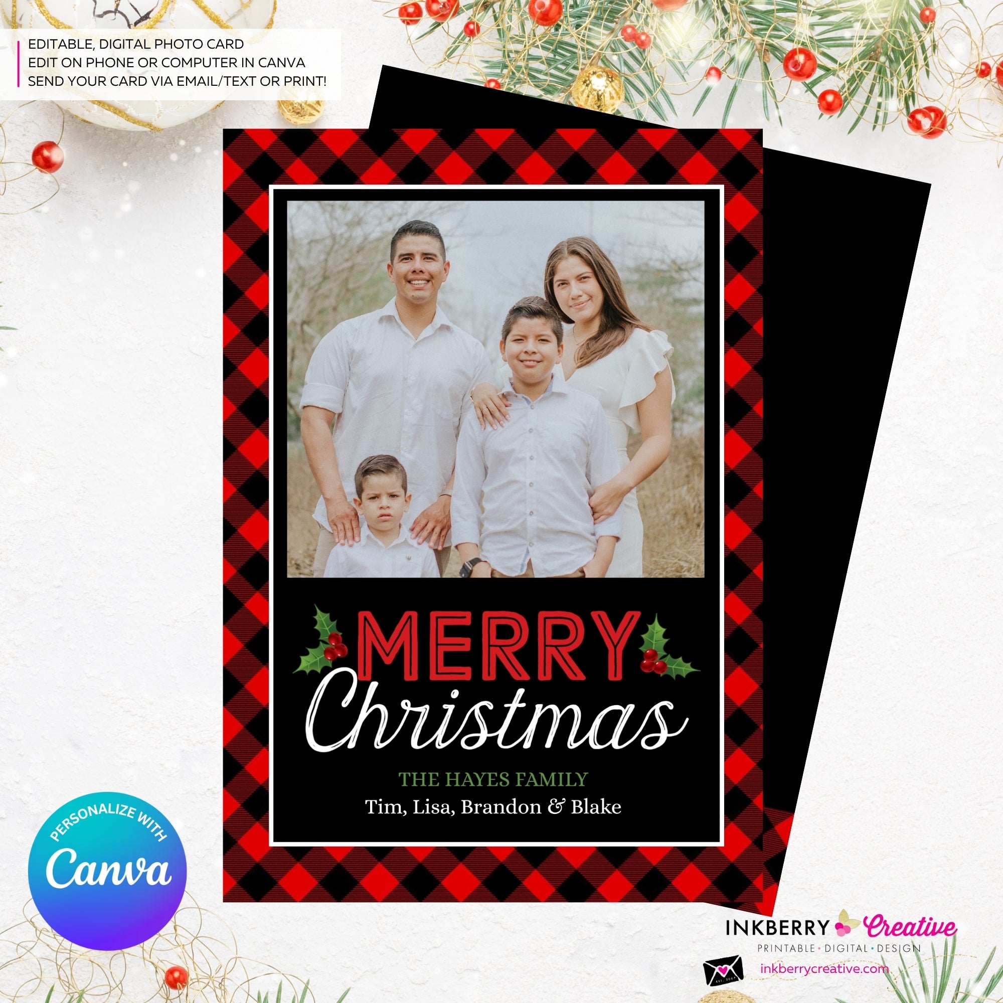 Red and Black Buffalo Check Plaid Christmas Photo Card, Family Holiday Photo Card, Custom Colors, Email Christmas Card, Editable in Canva