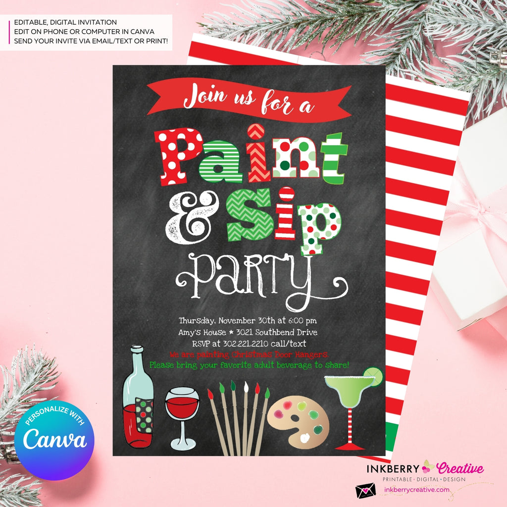 Christmas Paint & Sip Invitation - Editable in Canva