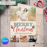 Merry Christmas Vintage Ornaments Woodgrain 4 Photo Holiday Card, Family Photo Card, Custom Colors, Email Christmas Card, Editable in Canva