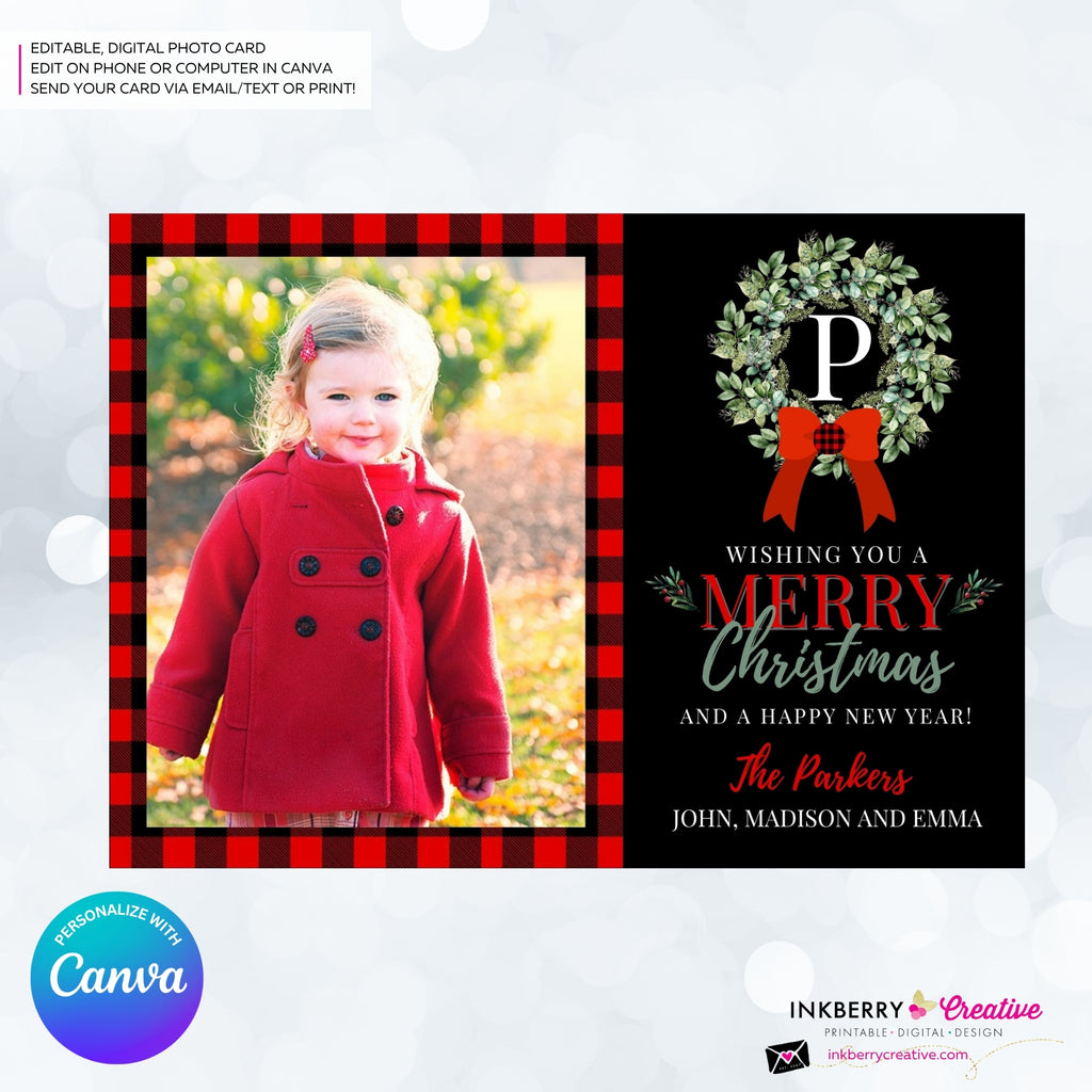Family Monogram Buffalo Check Christmas Wreath Photo Card, Family Holiday Photo Card, Custom Colors, Email Christmas Card, Editable in Canva