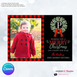 Family Monogram Buffalo Check Christmas Wreath Photo Card, Family Holiday Photo Card, Custom Colors, Email Christmas Card, Editable in Canva