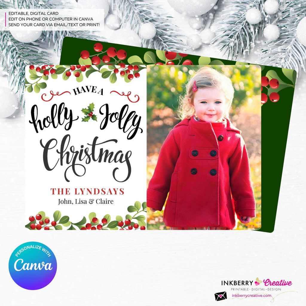 Holly Jolly Script Christmas Photo Card, Family Holiday Photo Card, Custom Colors, Email Christmas Card, Editable in Canva