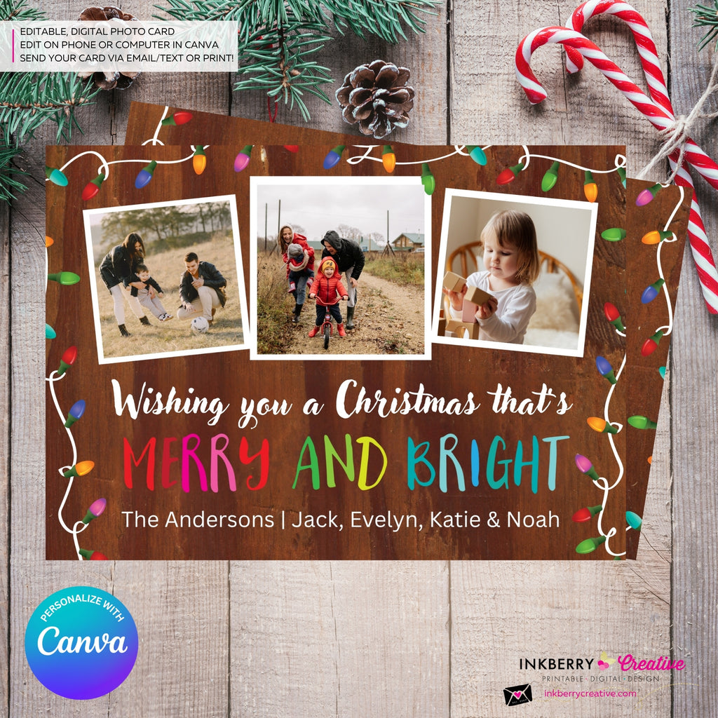Woodgrain Merry and Bright Christmas Lights 3 Photo Christmas Card - Retro Christmas Bulbs String of Lights - Edit in Canva