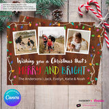 Woodgrain Merry and Bright Christmas Lights 3 Photo Christmas Card - Retro Christmas Bulbs String of Lights - Edit in Canva