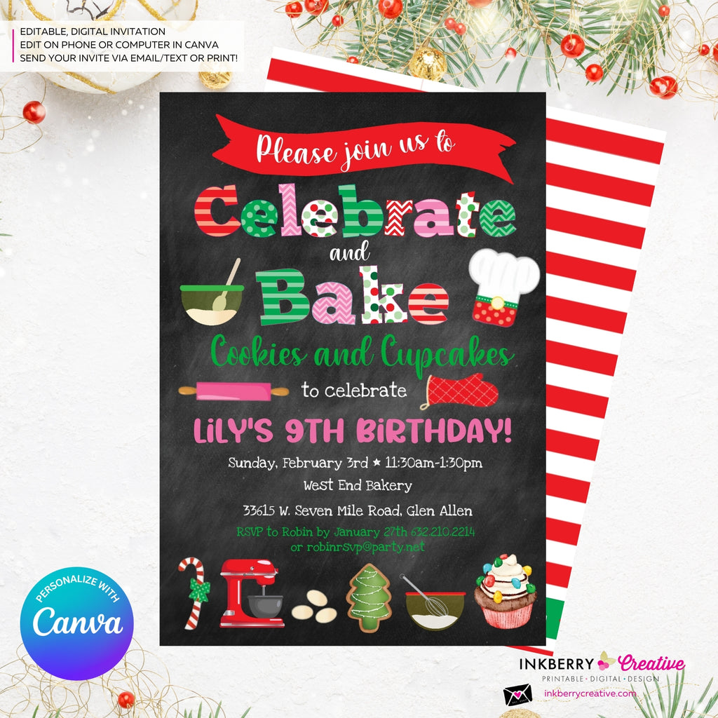 Celebrate & Bake - Chalkboard - Christmas Baking Party Invitation - Edit in Canva