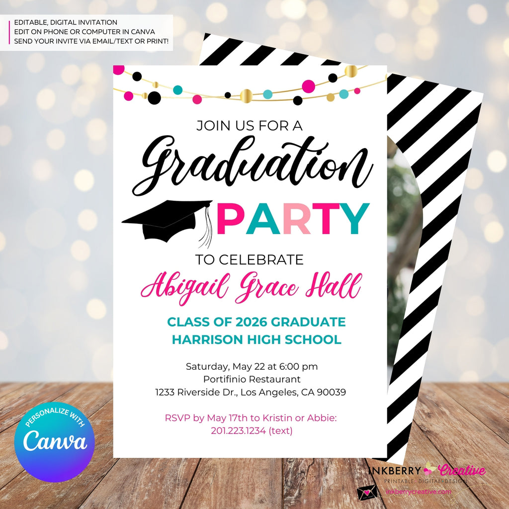 Colorful Graduation Garland Party Invitation - Photo Back - Editable in Canva