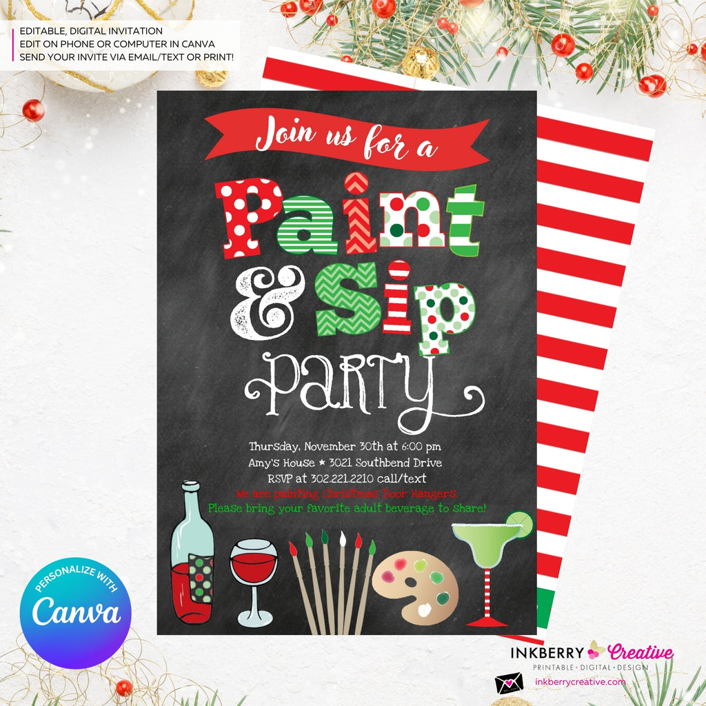 Christmas Paint & Sip Invitation - Editable in Canva