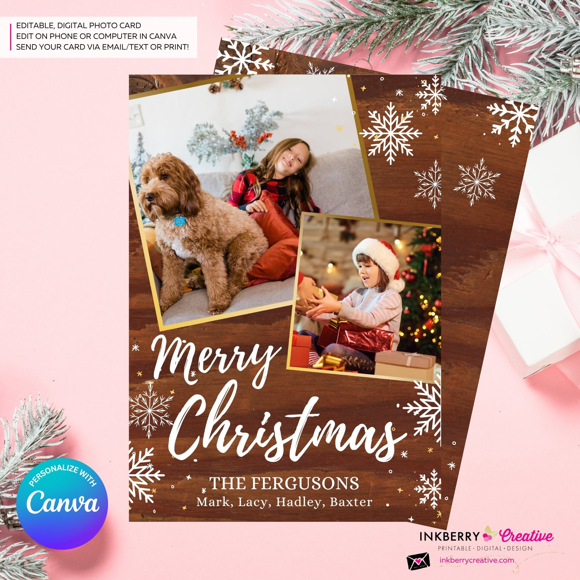 Red and Black Buffalo Check Plaid Christmas Photo Card, Family Holiday Photo Card, Custom Colors, Email Christmas Card, Editable in Canva