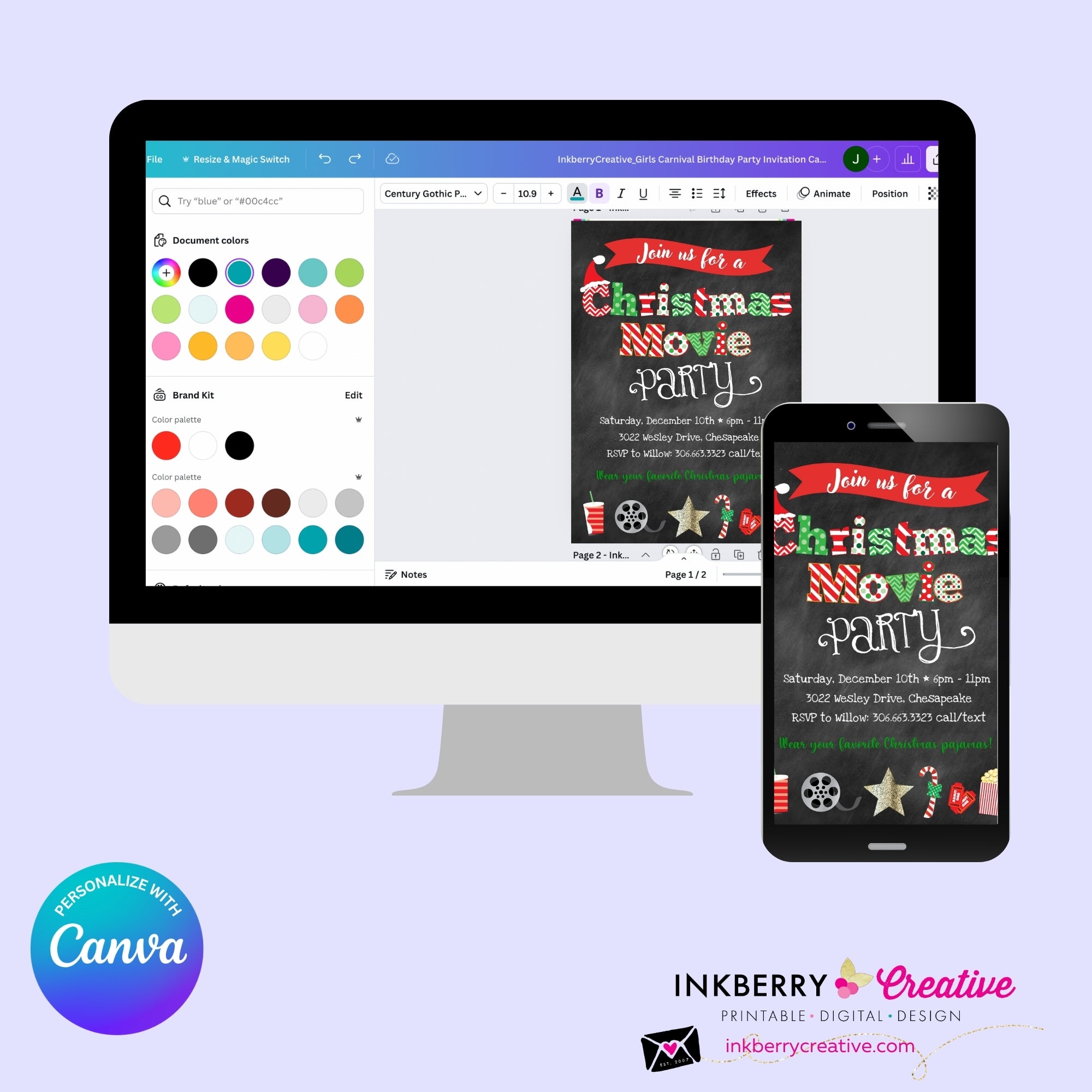 Christmas Movie Party Invitation - Chalkboard - Editable in Canva