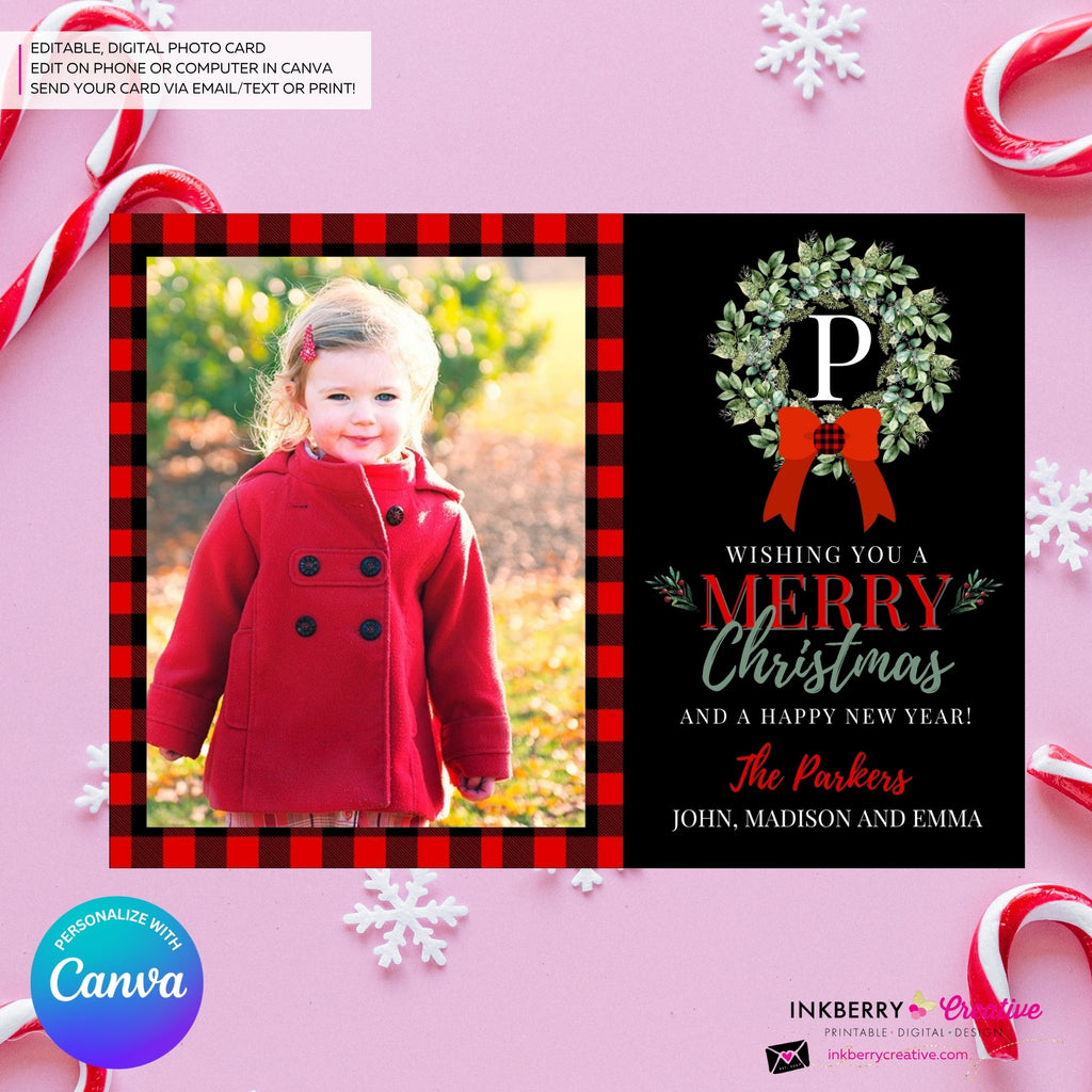 Family Monogram Buffalo Check Christmas Wreath Photo Card, Family Holiday Photo Card, Custom Colors, Email Christmas Card, Editable in Canva