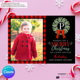 Family Monogram Buffalo Check Christmas Wreath Photo Card, Family Holiday Photo Card, Custom Colors, Email Christmas Card, Editable in Canva