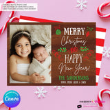 Woodgrain Ornament Doodles Christmas Photo Card, Family Holiday Photo Card, Custom Colors, Email Christmas Card, Editable in Canva