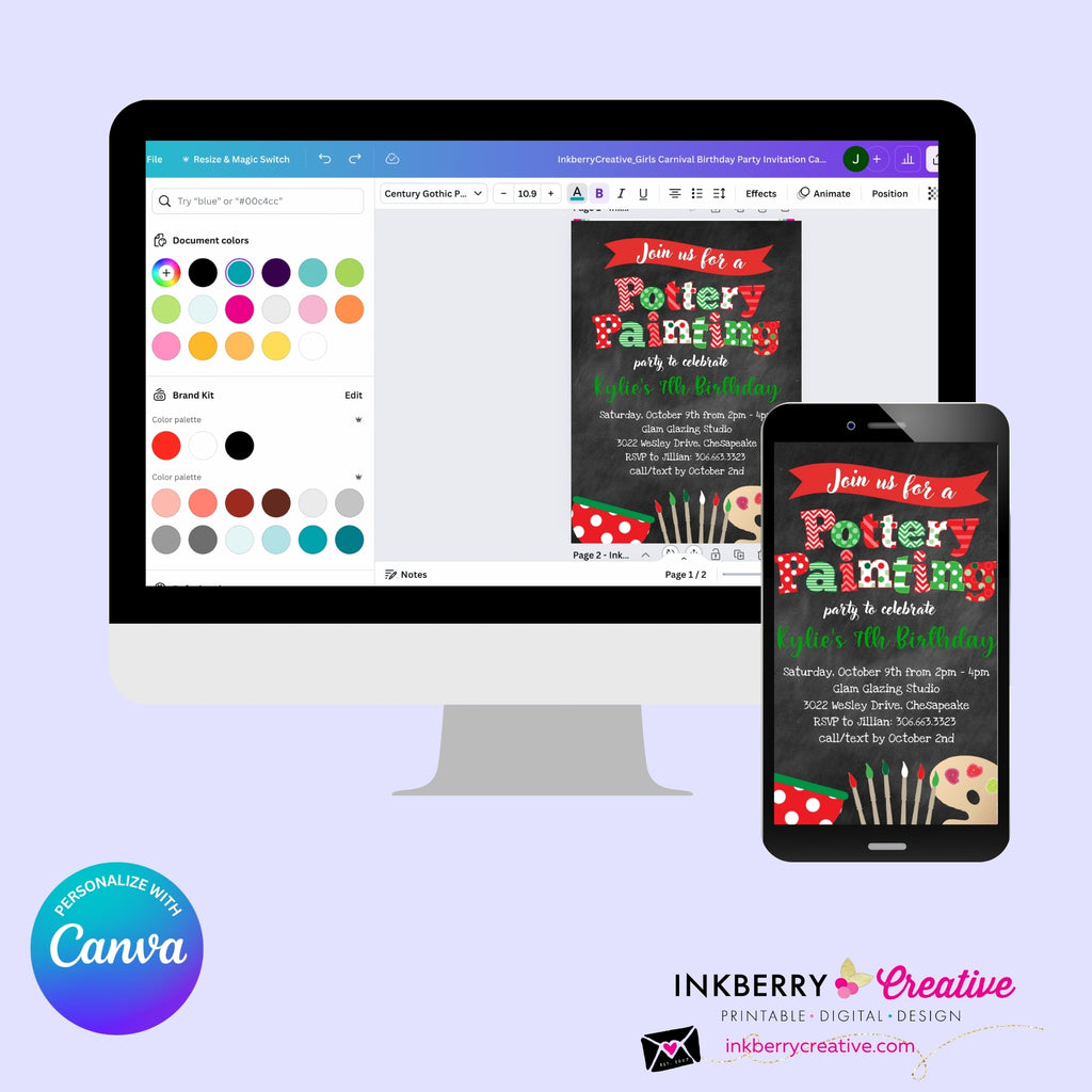 Christmas Pottery Painting Party Invitation - Editable in Canva