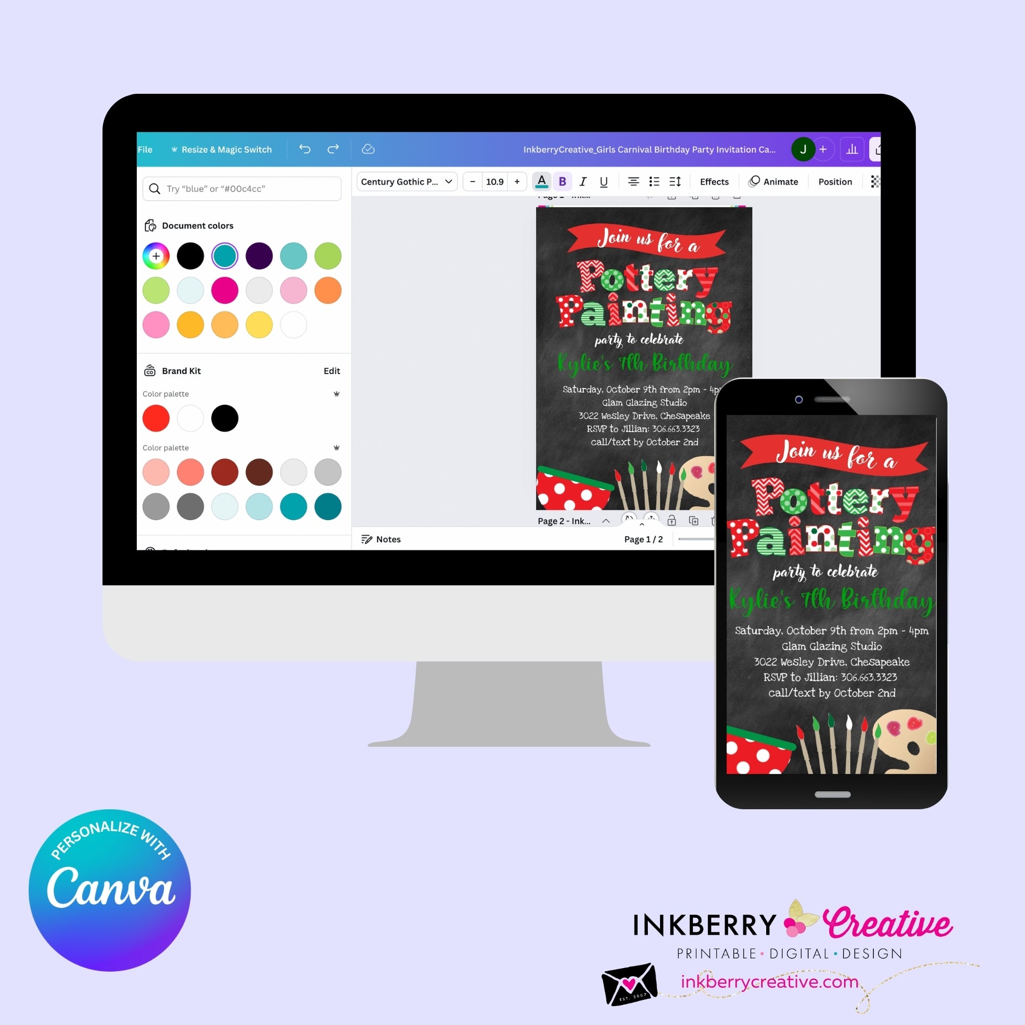 Christmas Pottery Painting Party Invitation - Editable in Canva
