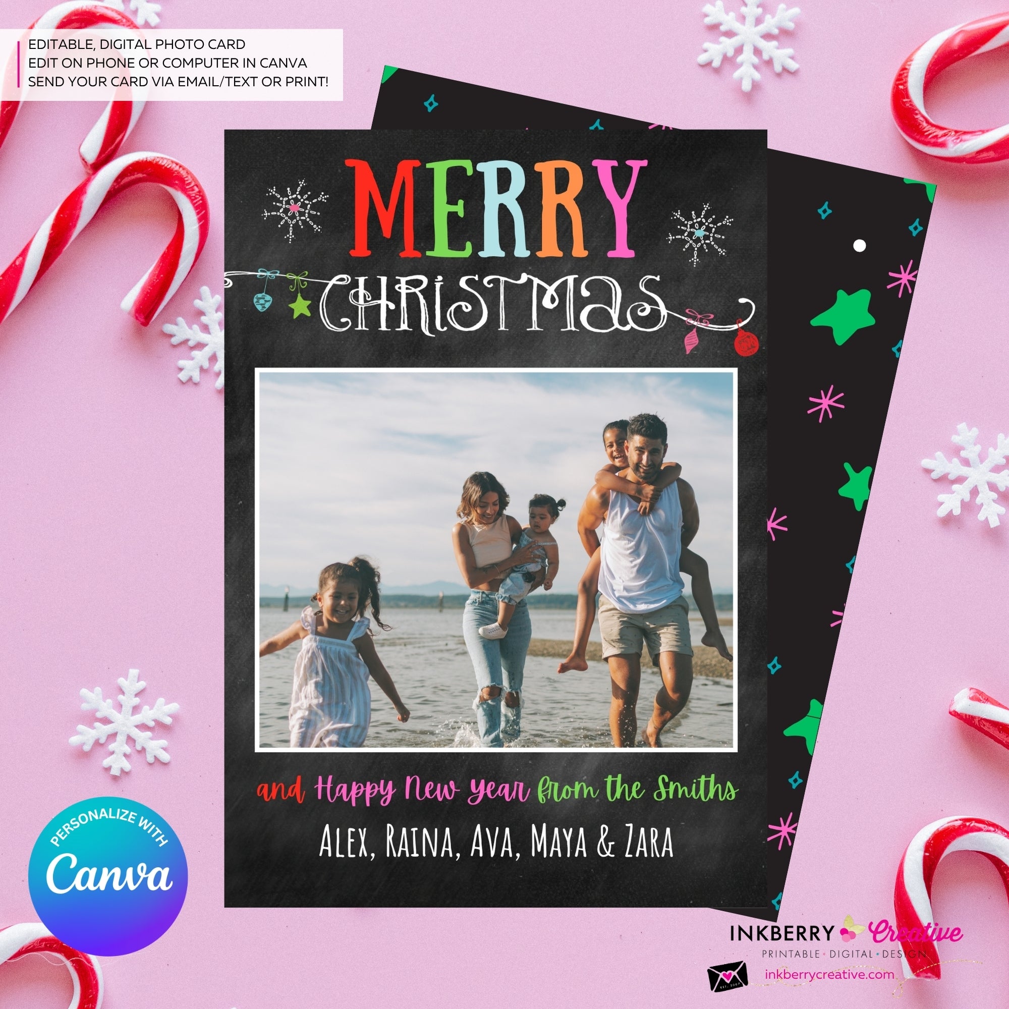 Chalkboard Ornaments Merry Christmas Photo Card, Family Holiday Photo Card, Email Christmas Card, Editable in Canva