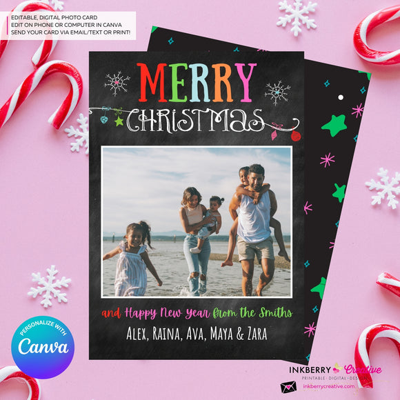 Chalkboard Ornaments Merry Christmas Photo Card, Family Holiday Photo Card, Email Christmas Card, Editable in Canva