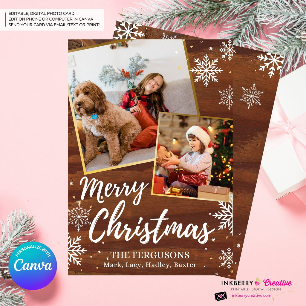 Woodgrain Gold and Snowflakes Christmas Photo Card, Family Holiday Photo Card, Custom Colors, Email Christmas Card, Editable in Canva