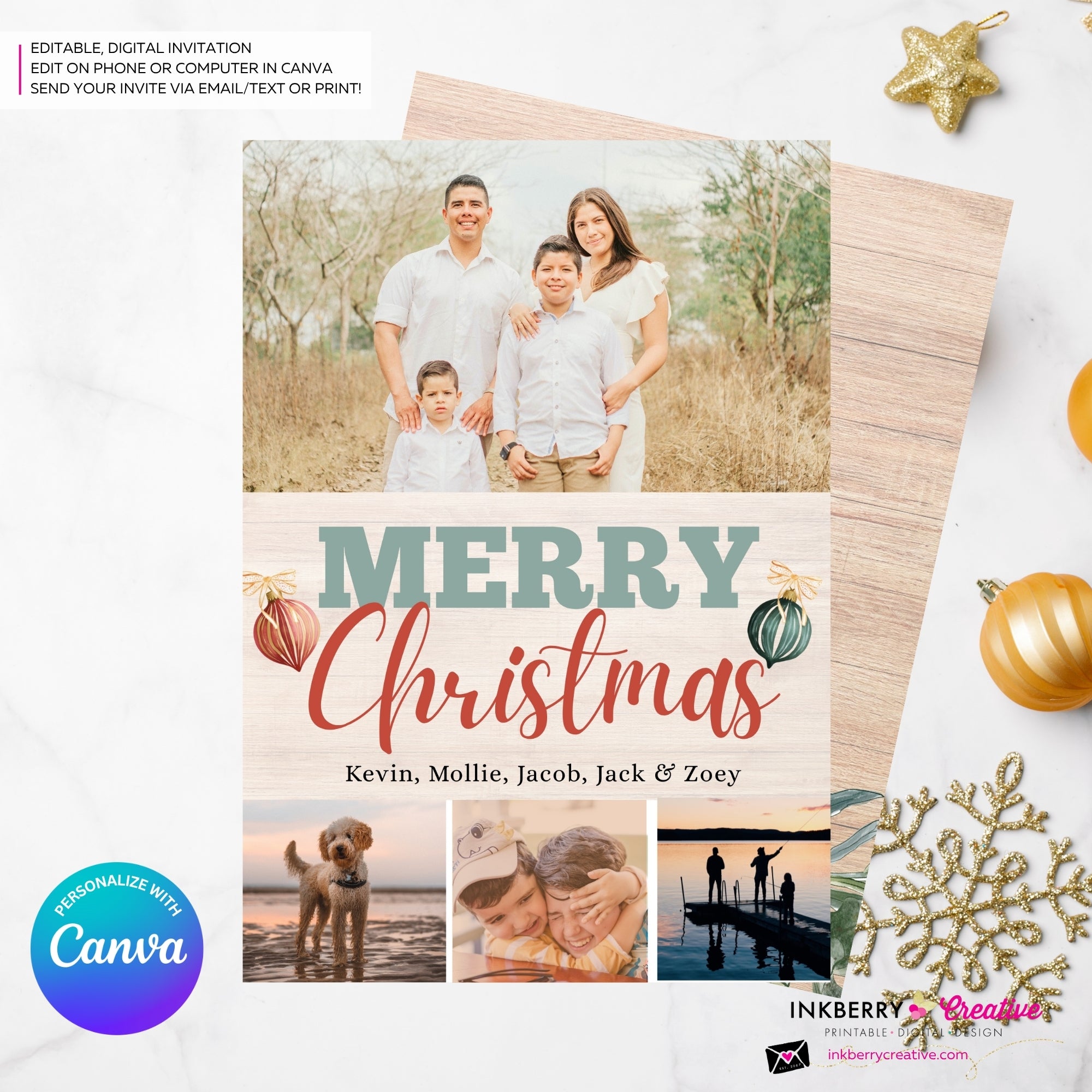 Merry Christmas Vintage Ornaments Woodgrain 4 Photo Holiday Card, Family Photo Card, Custom Colors, Email Christmas Card, Editable in Canva