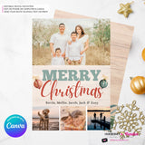 Merry Christmas Vintage Ornaments Woodgrain 4 Photo Holiday Card, Family Photo Card, Custom Colors, Email Christmas Card, Editable in Canva