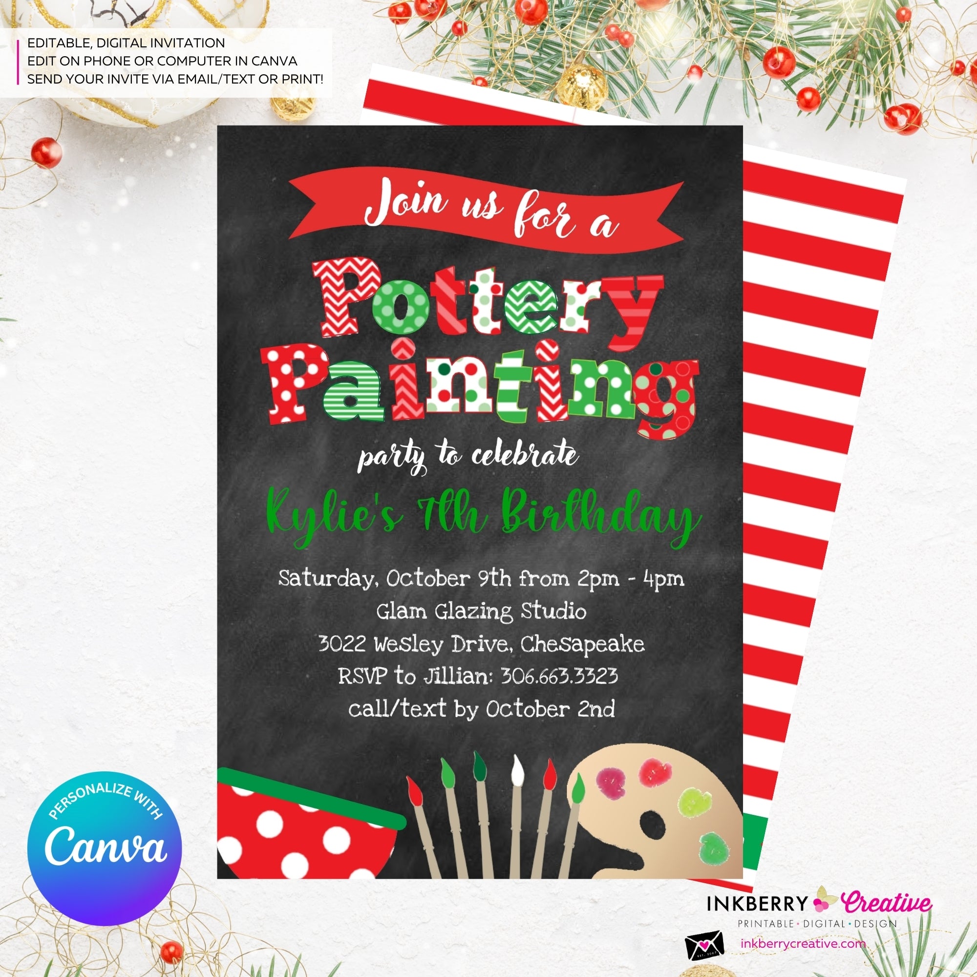 Christmas Pottery Painting Party Invitation - Editable in Canva