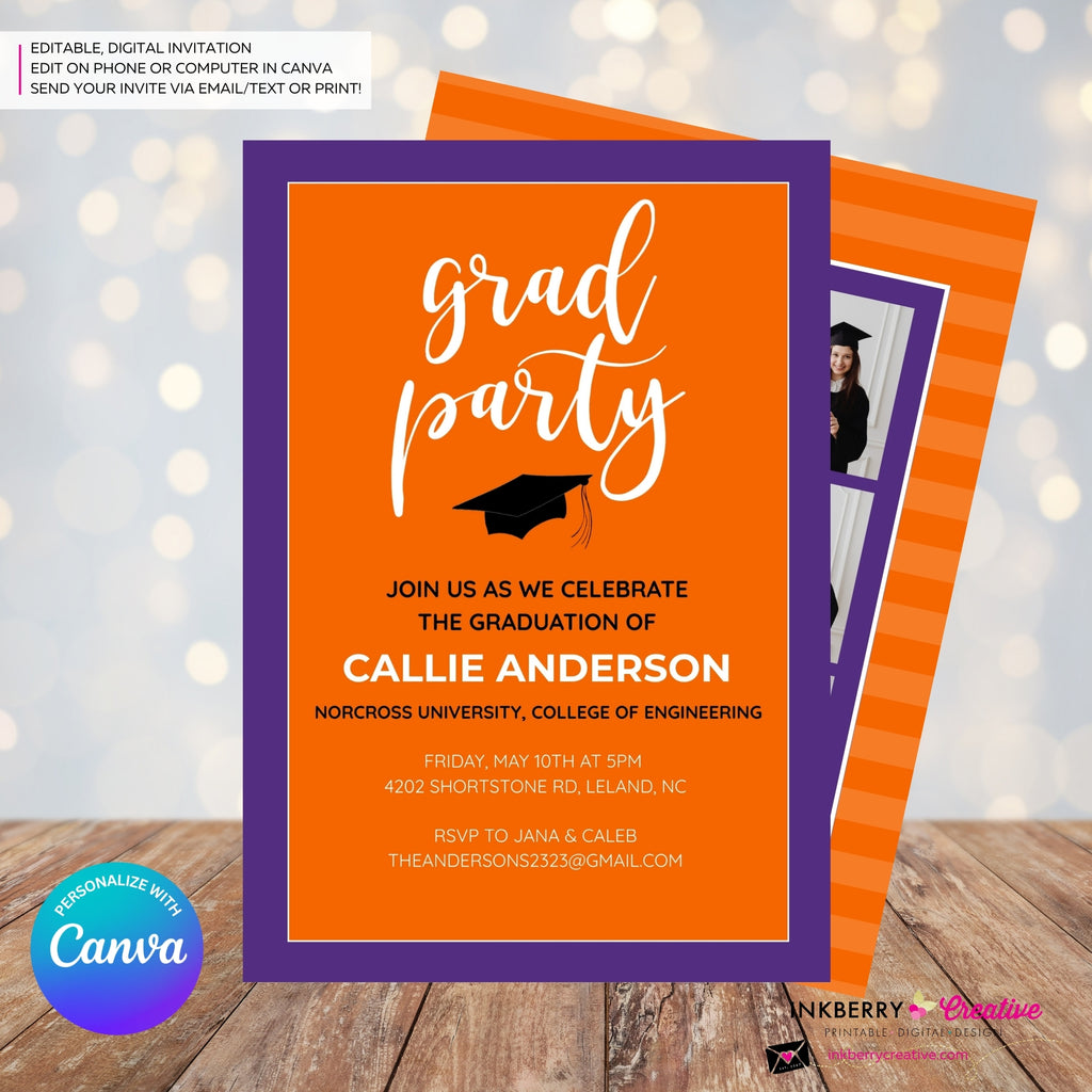 Grad Party Color Block Script - Orange Purple - Custom Color Graduation Invitation or Announcement - Editable in Canva