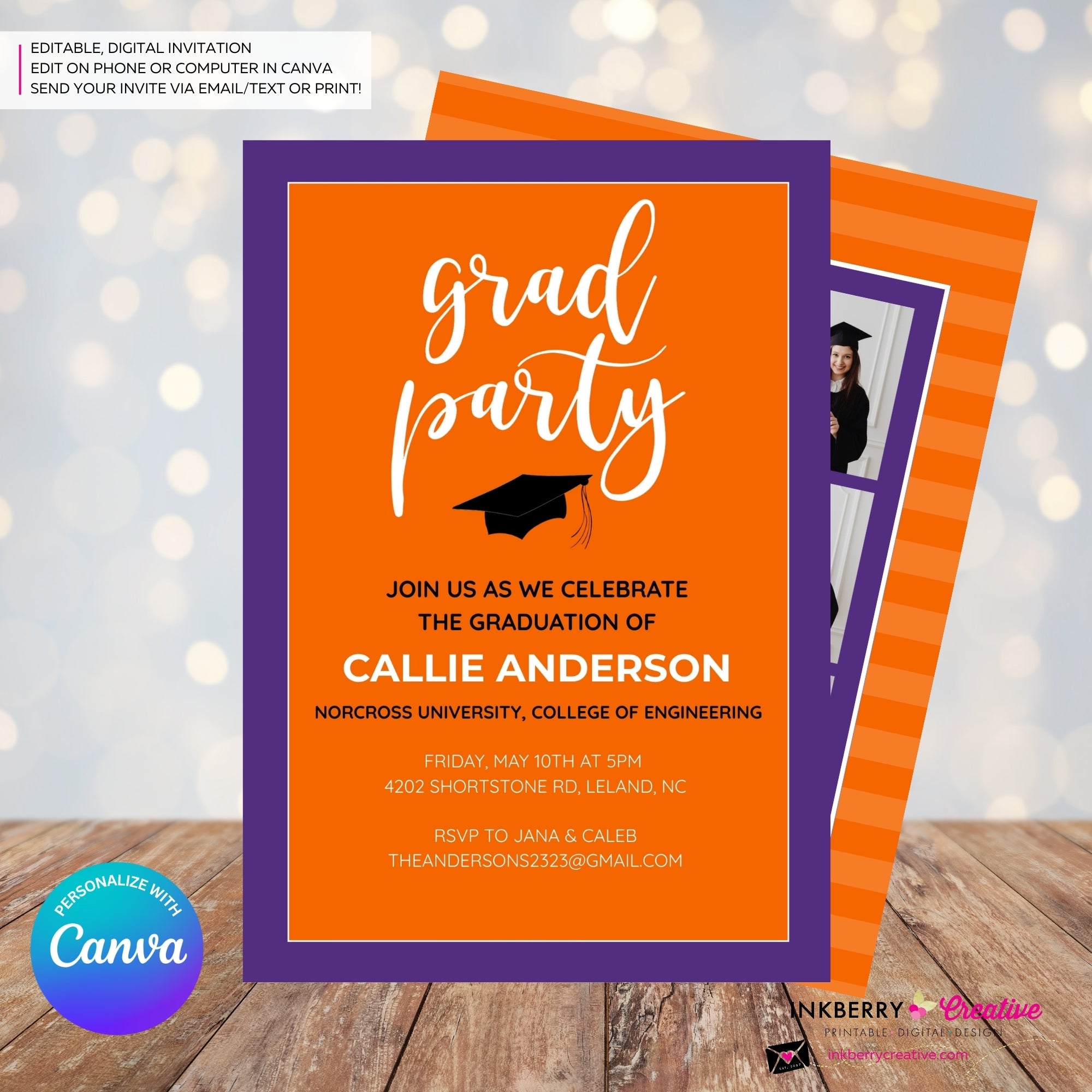 Grad Party Color Block Script - Orange Purple - Custom Color Graduation Invitation or Announcement - Editable in Canva